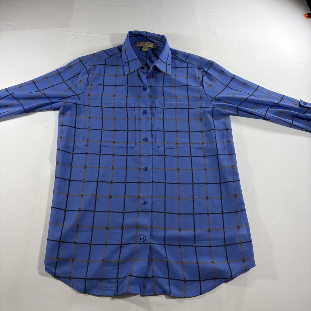 Michael Kors Women's Small Blue Plaid Chain Link Button Up Shirt Long Roll Tab